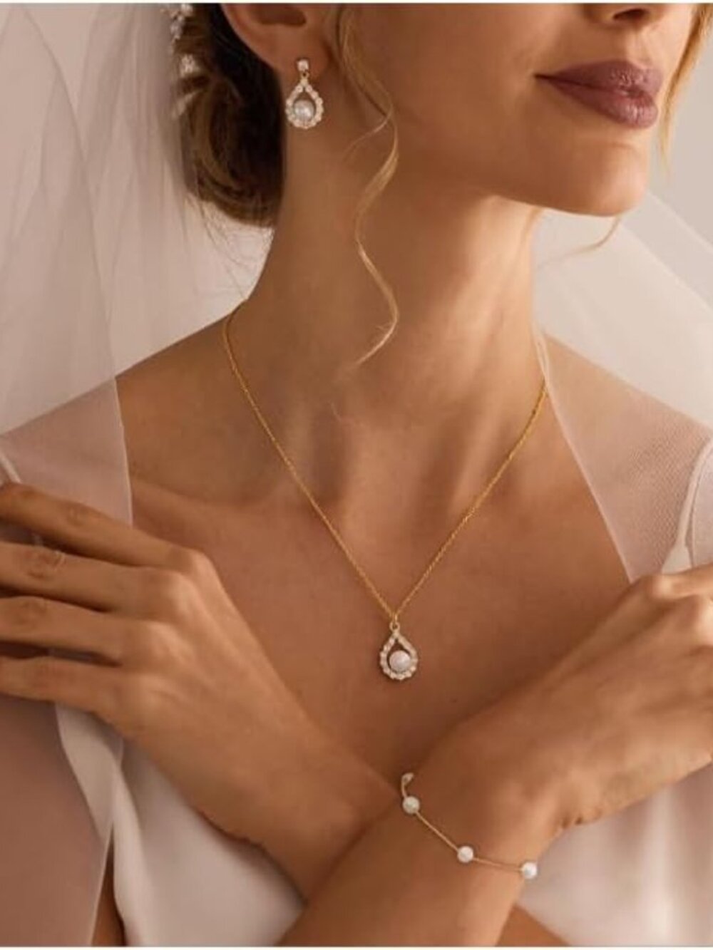 Jewelry Sets for Women,Dainty 14k Gold Plated Pearl Earrings Necklace Bracelet F